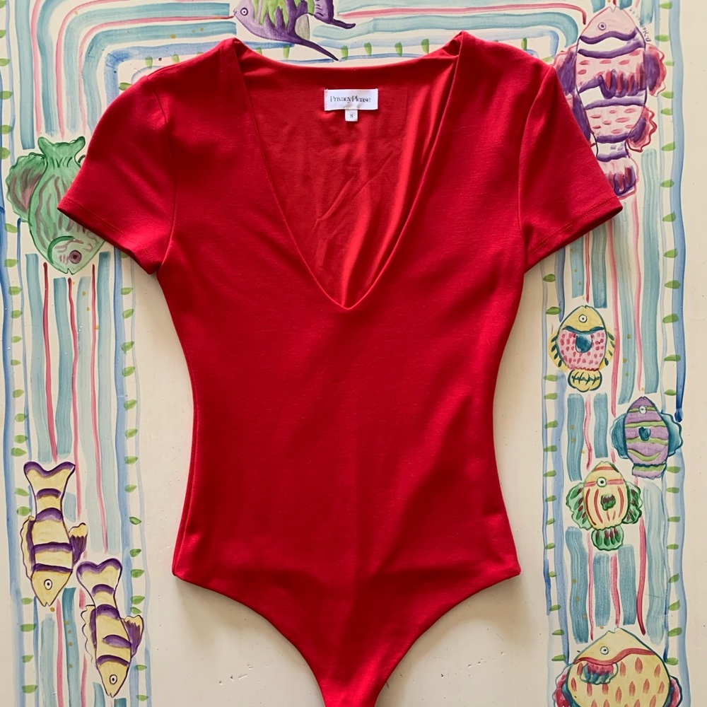 Privacy Please Red SS V-Neck Bodysuit, Never Worn